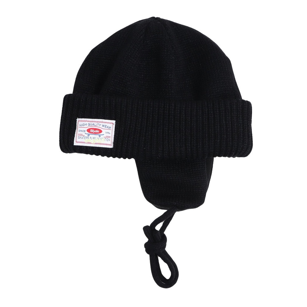 スライド（SLYDE）（メンズ、レディース）ニット帽 EAR MAFF ニットキャップ ビーニー SL23FW-HAT003BLK フリーサイズ 紐付き 耳当て付き 黒