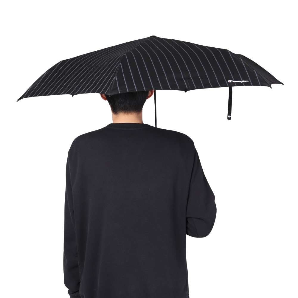 チャンピオン（CHAMPION）（メンズ、レディース）雨傘 折りたたみ傘 ストライプ 耐風 58cm CHM70MN58 BK 黒