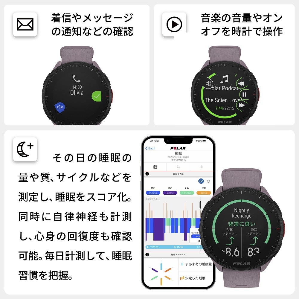 ポラール（POLAR）（メンズ、レディース）スマートウォッチ時計 PACER ライラックパープルS-L 900102177