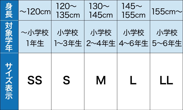 身長120㎝まで：サイズSS 身長120〜135㎝：サイズS 身長130〜145㎝：サイズM 身長145〜155㎝：サイズL 身長155㎝〜：サイズLL