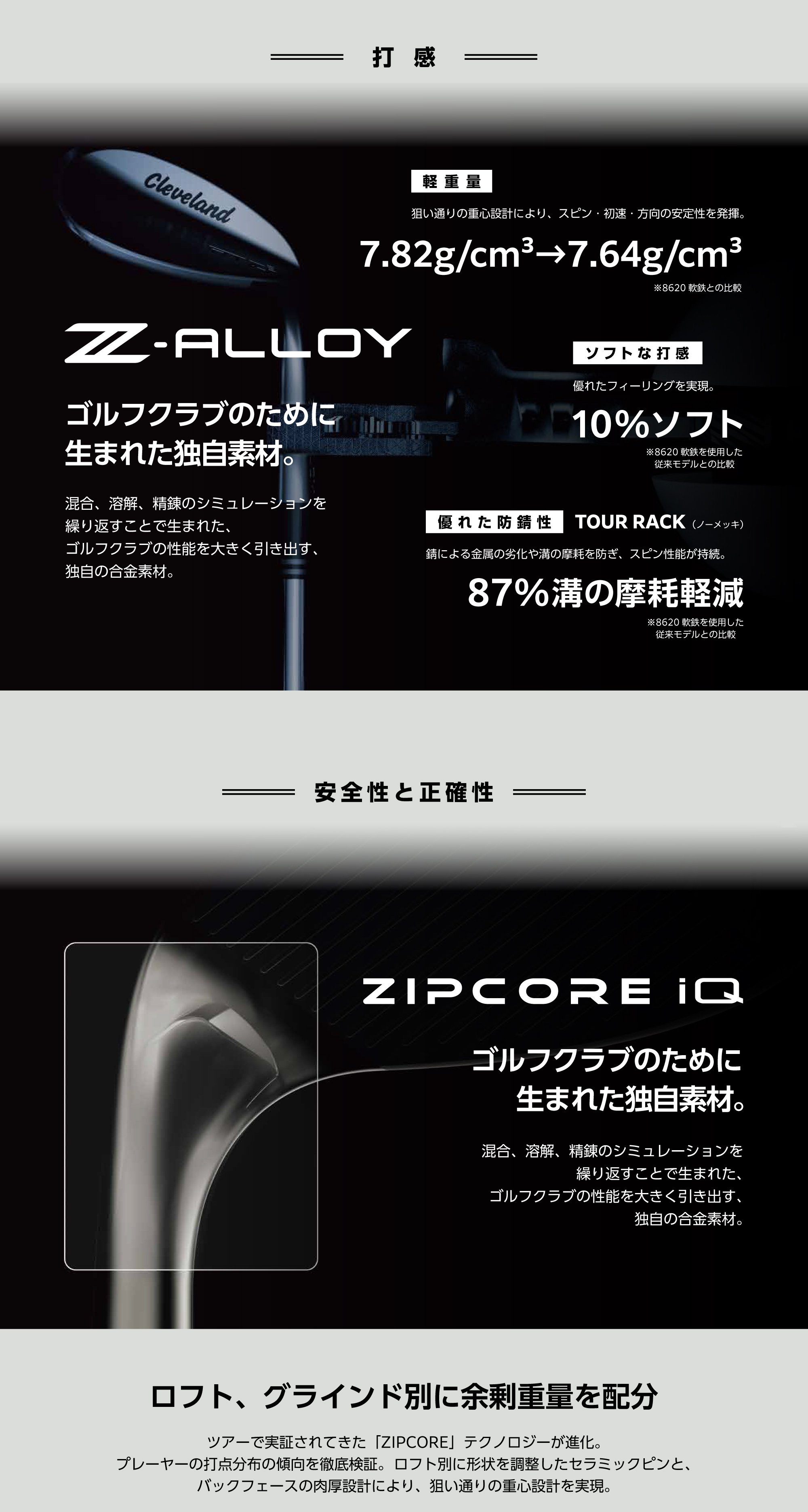 打感（Z-ALLOY）／安全性と正確性（ZIPCORE iQ）
