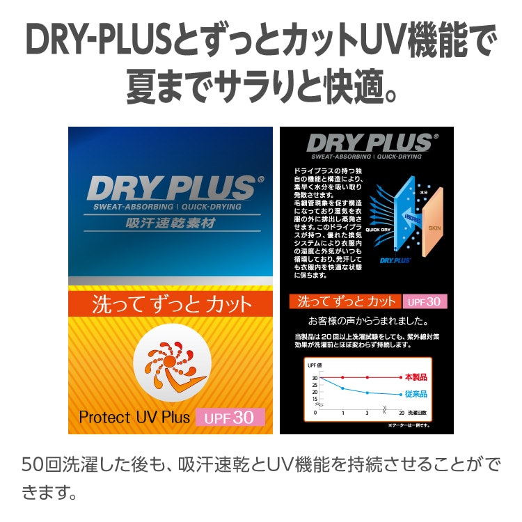 吸湿速乾素材 DRYPLUS ドライプラス　ずっとカットUV UPF30　素早く汗を吸い取り発散、通気性が良く快適 50回洗濯した後も吸汗速乾とUV機能を維持