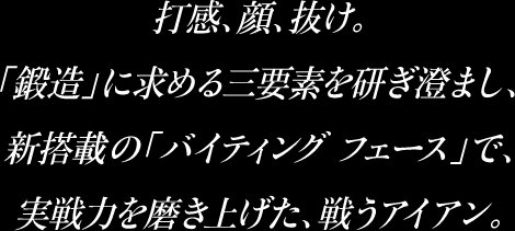 打感、顔、抜け。「鍛造」に求める三大要素を研ぎ澄まし、新搭載の「バイティングフェース」で、実力を磨き上げた、戦うアイアン。